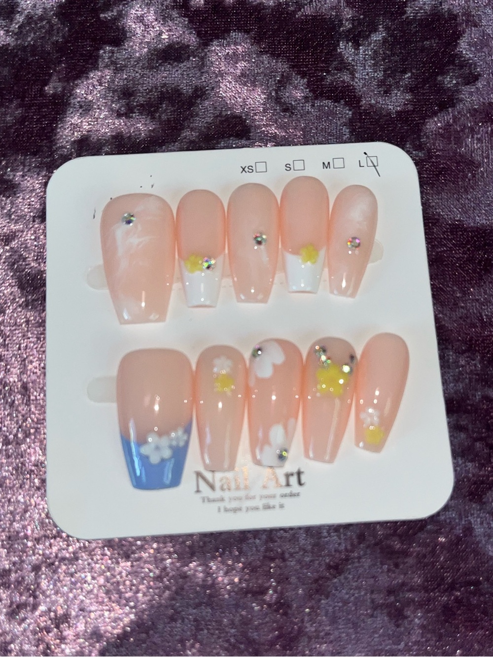 Peach Pink Floral Press-On Nails with Accent Blue Tip
